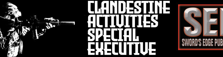 A banner with a military special warfare operator on the left, pointing his suppressed carbine to the right, with the title Clandestine Activities Special Executive in the centre and the Sword's Edge Publishing Logo on the right. The image is by zabelin/123RF Stock Photo
